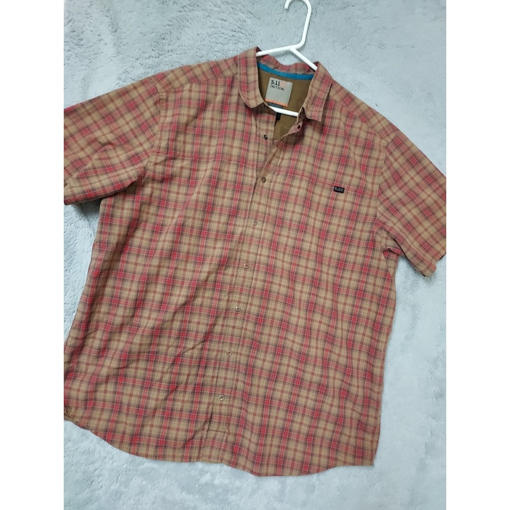 5.11 Tactical Shirt Mens XL Short Sleeve Plaid Snap Button Tan Red Casual Work